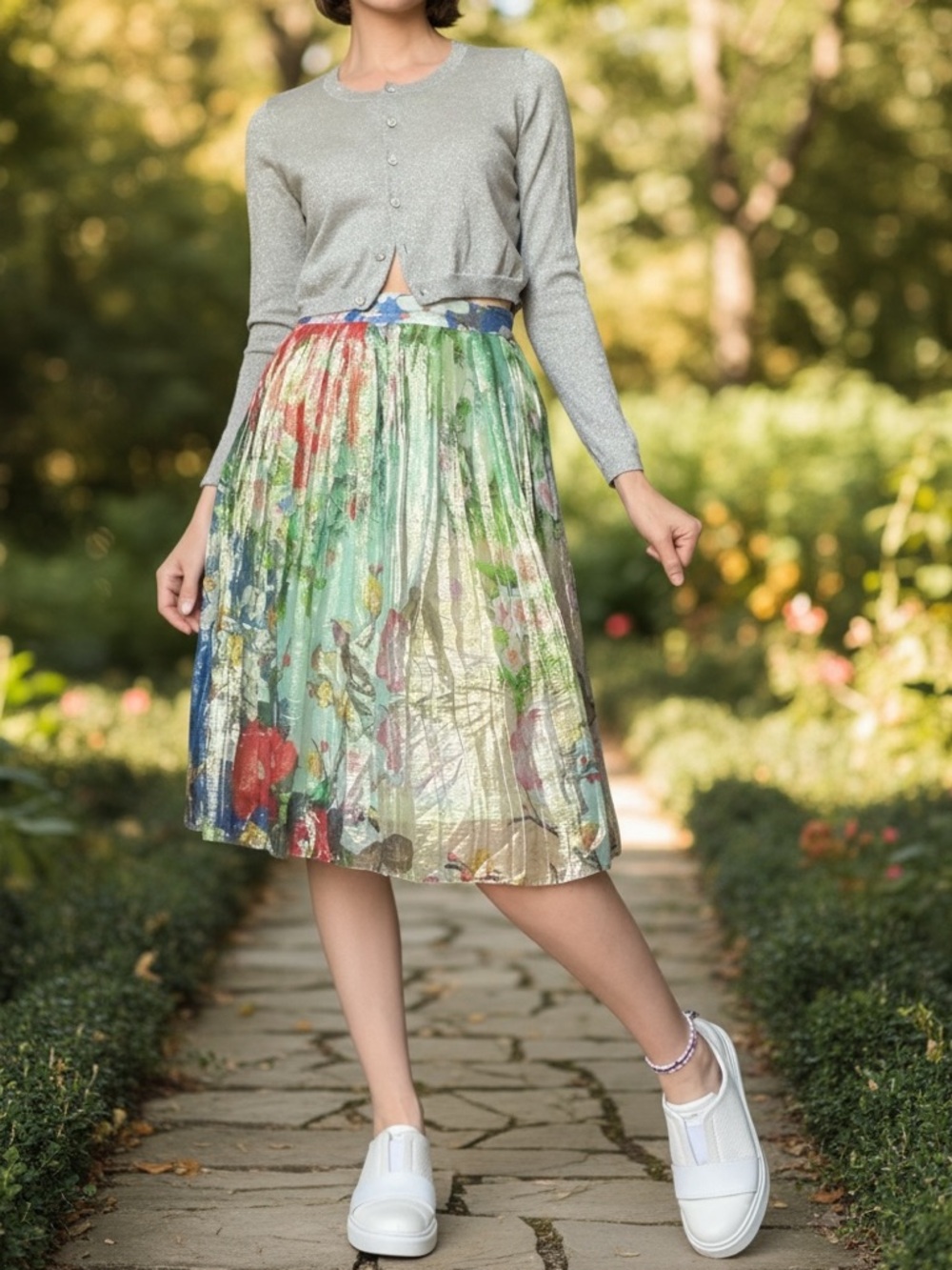 HEMANT & NANDITA Metallic Floral Pleated Midi Skirt - Green Multicolor Sz 2